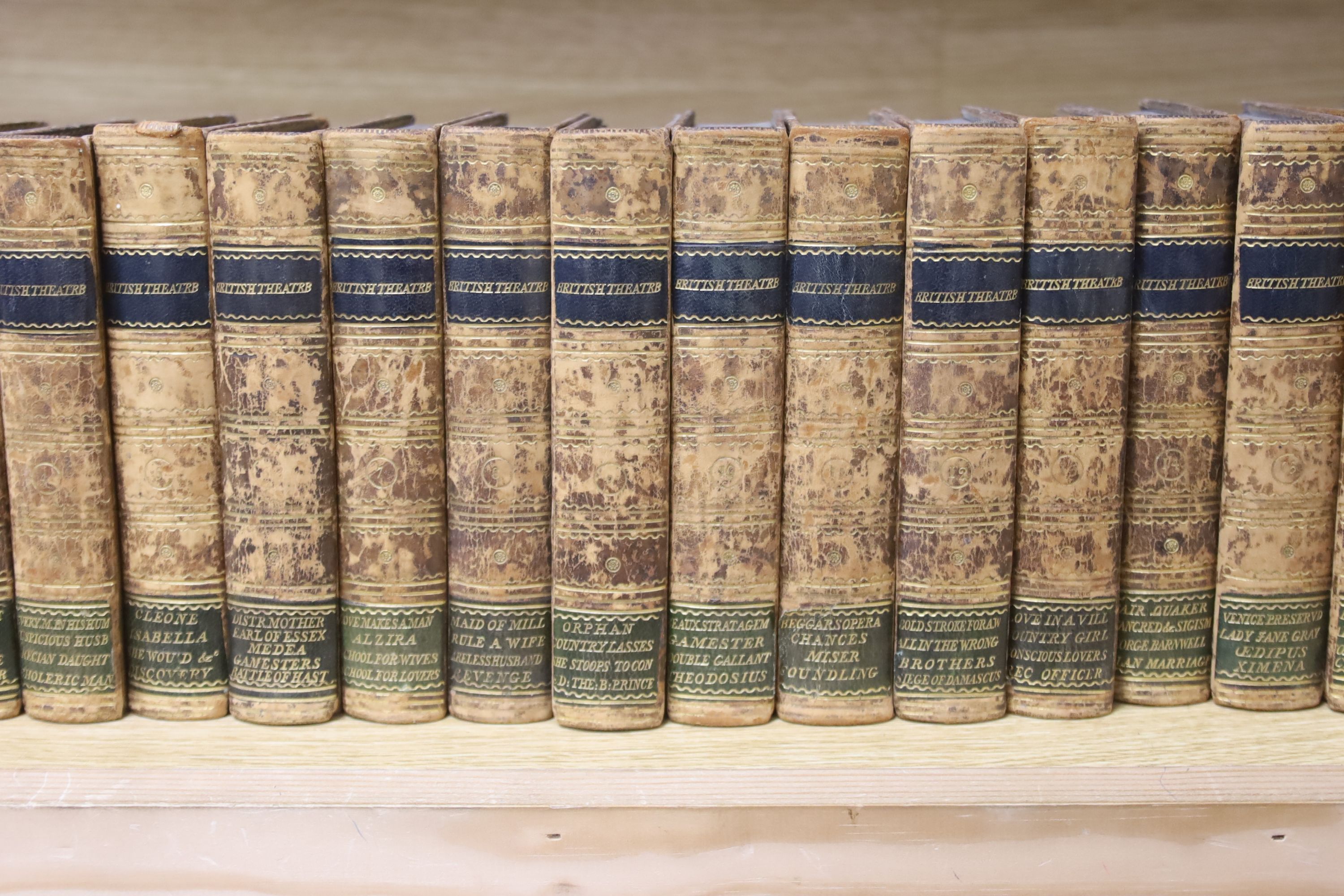 John Bell, British Theatre, 34 vols, 1791-1797, gilt-tooled tan calf, marbled end boards and a similarly-bound set of Bell's Minor Theatre